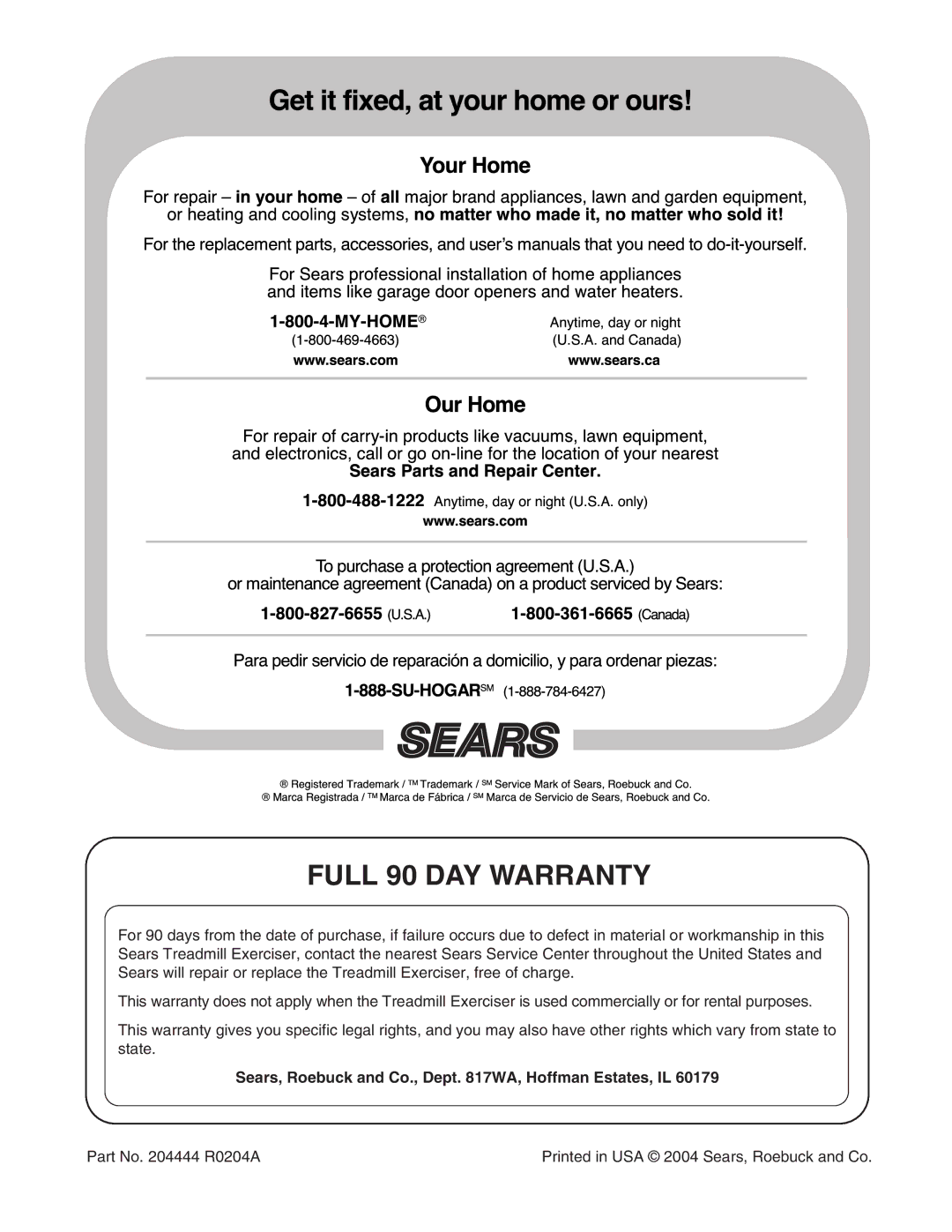 ProForm 505s user manual Full 90 DAY Warranty, Sears, Roebuck and Co., Dept WA, Hoffman Estates, IL 