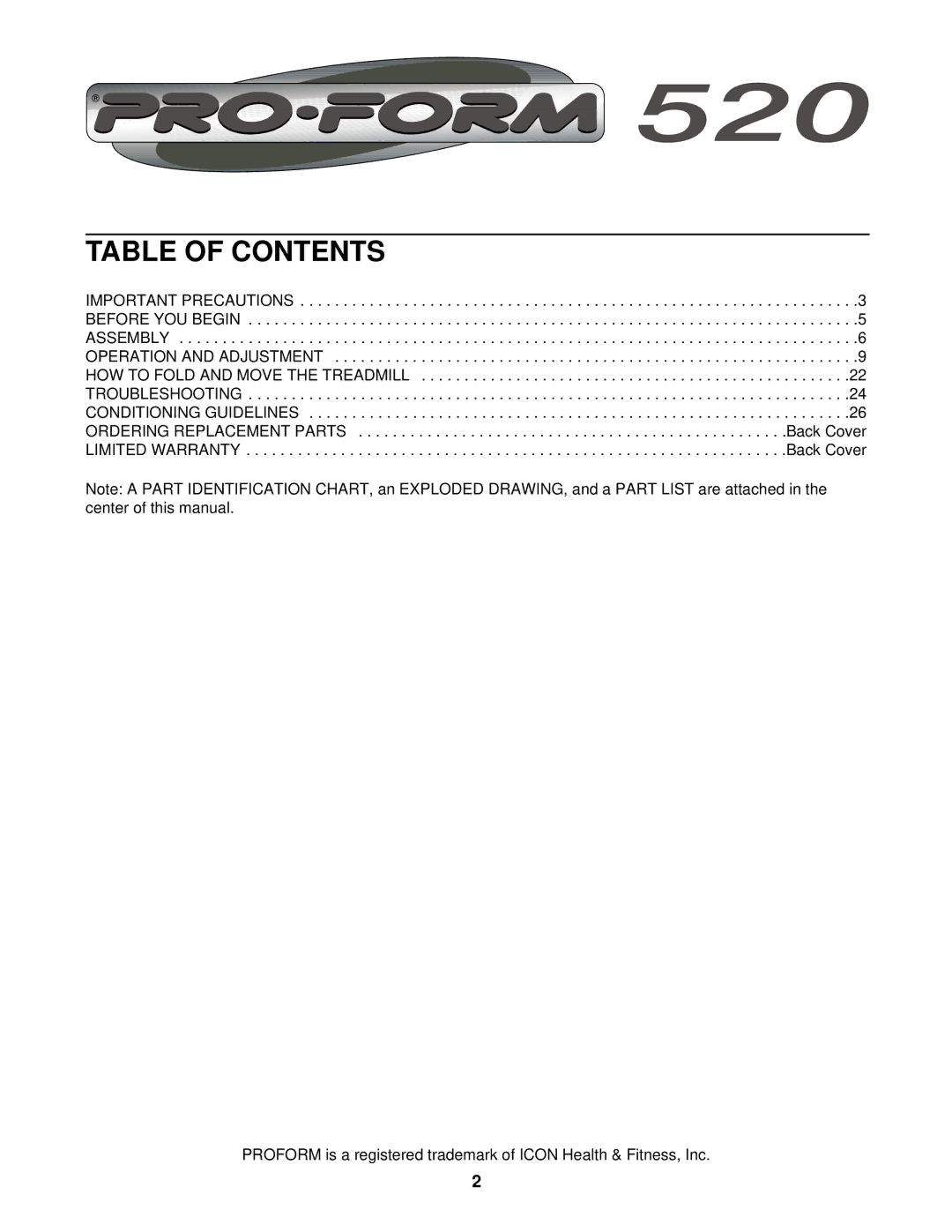 ProForm 520 user manual Table of Contents 