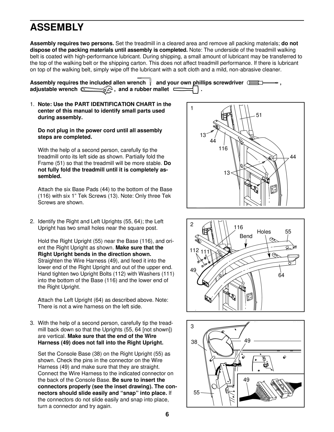 ProForm 520 user manual Assembly requires the included allen wrench, Harness 49 does not fall into the Right Upright 