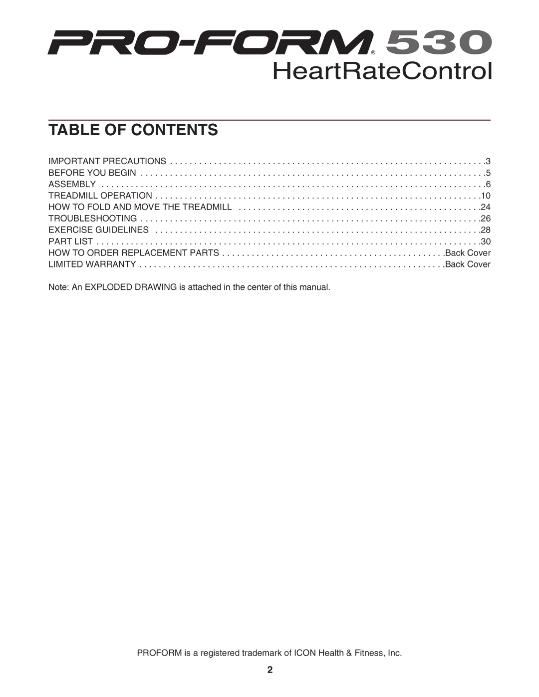 ProForm 530 user manual Table of Contents 