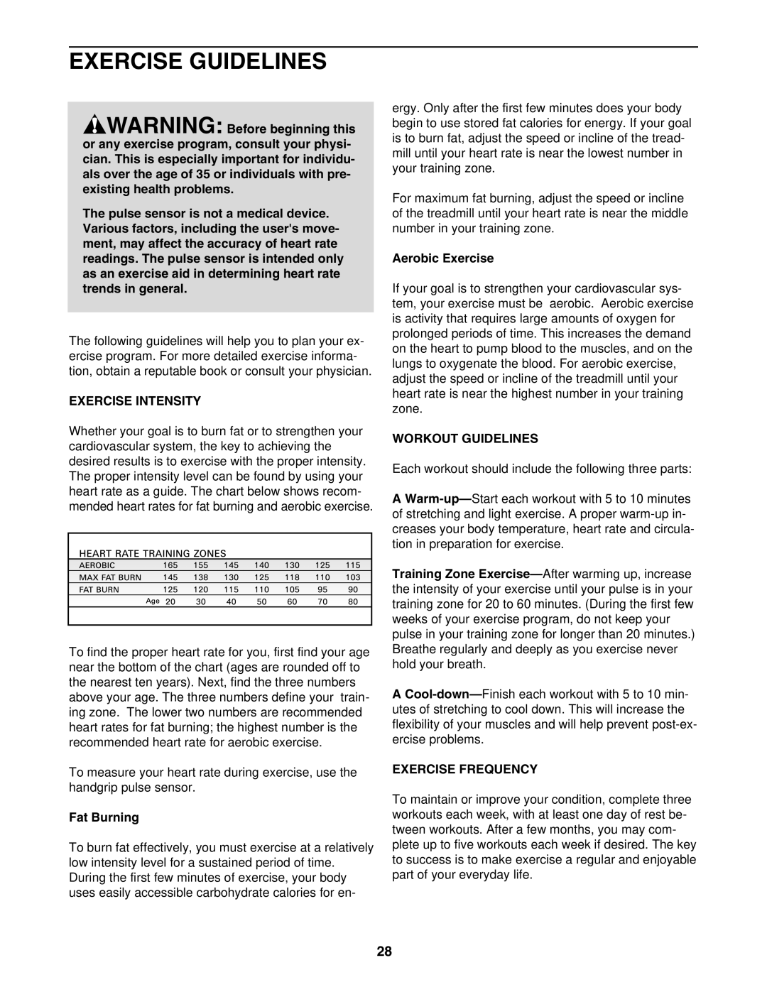 ProForm 530 user manual Exercise Guidelines, Exercise Intensity, Workout Guidelines, Exercise Frequency 