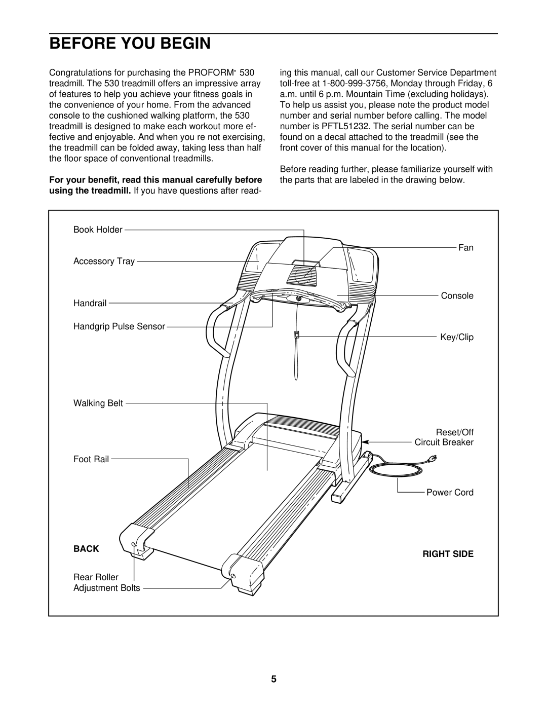 ProForm 530 user manual Before YOU Begin, Back Right Side 