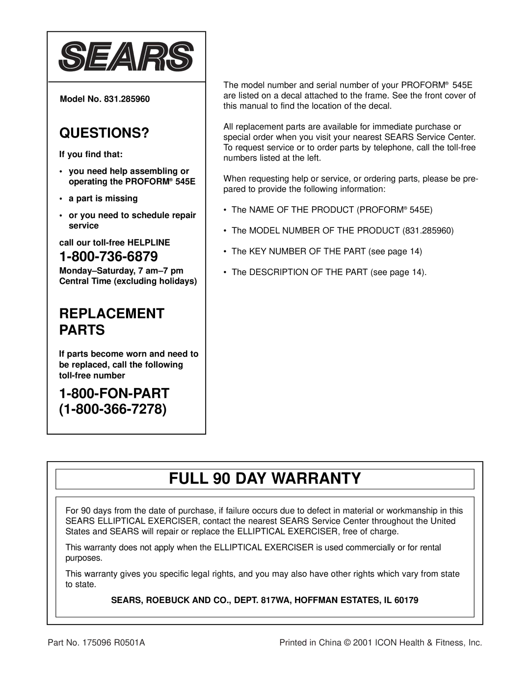 ProForm 545e user manual Full 90 DAY Warranty, Model No, SEARS, Roebuck and CO., Dept WA, Hoffman ESTATES, IL 