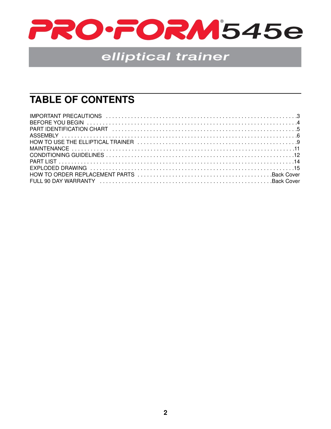 ProForm 545e user manual Table of Contents 