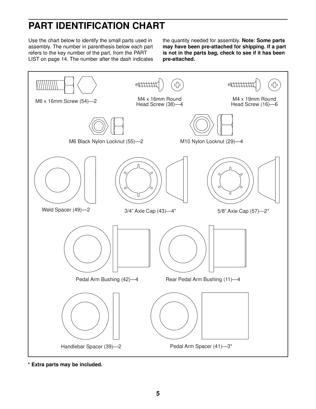 ProForm 545e user manual Part Identification Chart, Extra parts may be included 