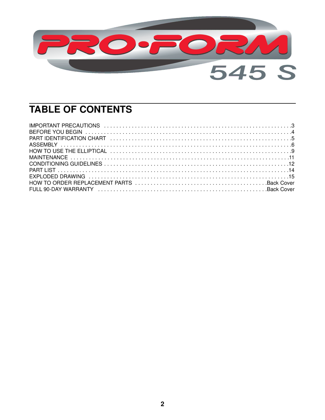 ProForm 545S user manual Table of Contents 