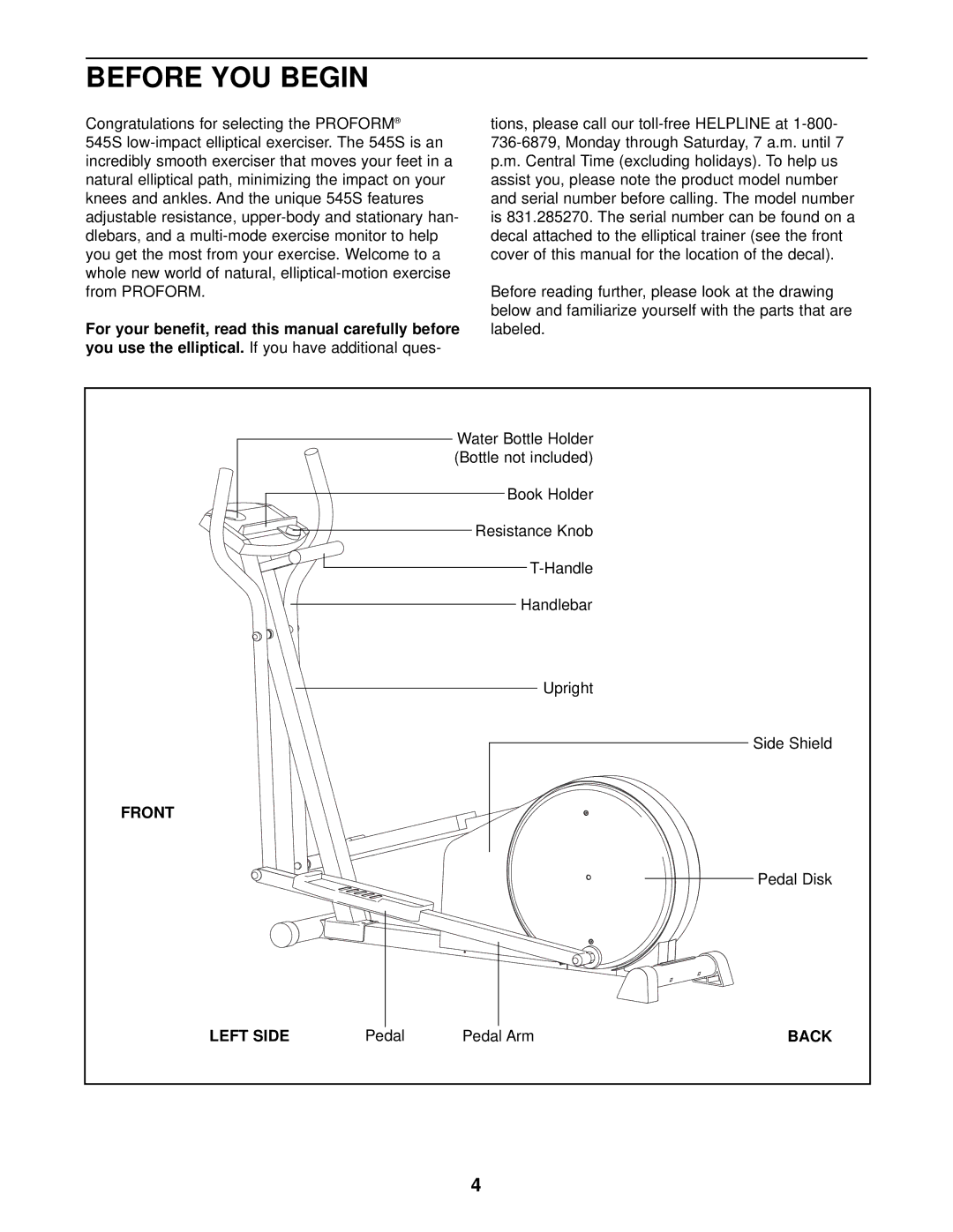 ProForm 545S user manual Before YOU Begin, Front, Left Side, Back 