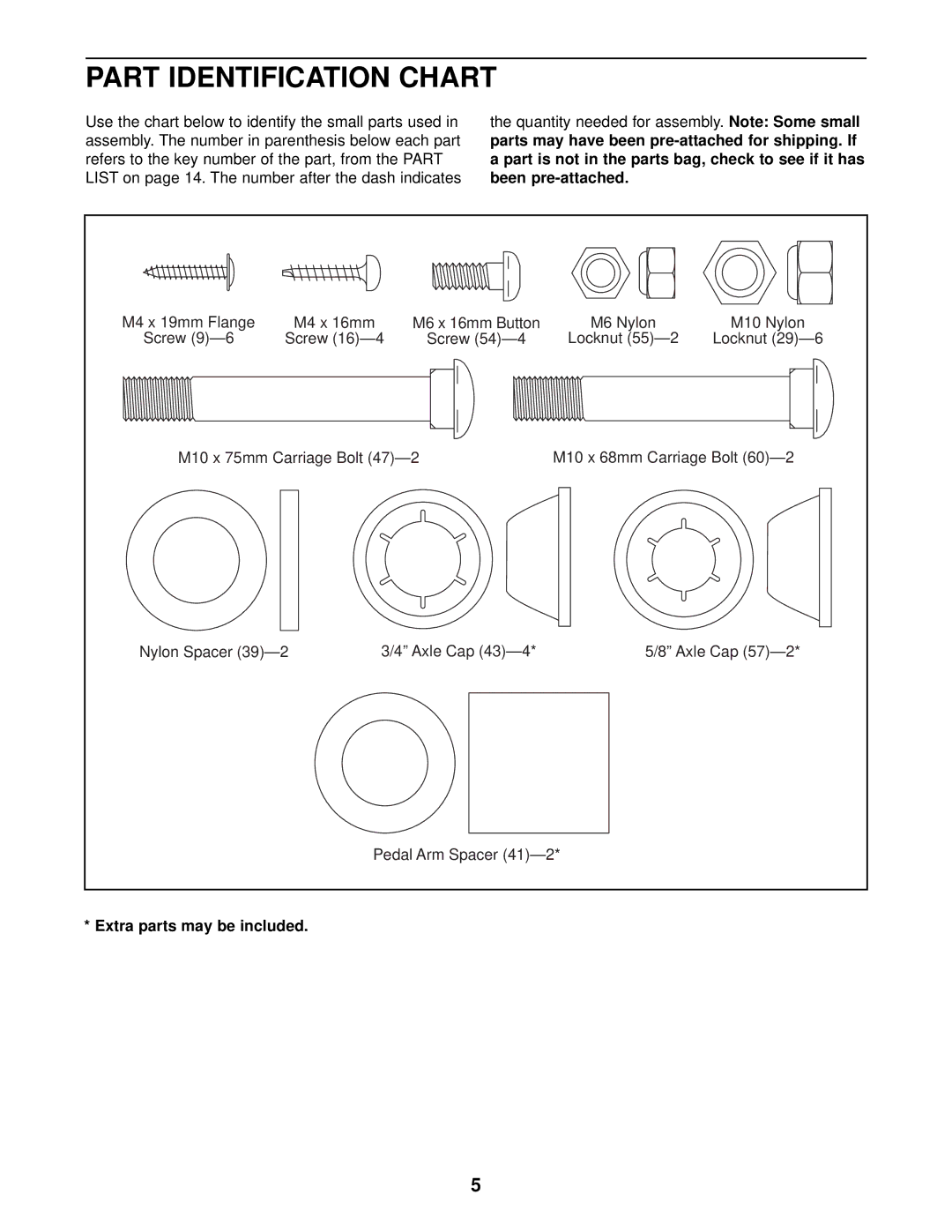 ProForm 545S user manual Part Identification Chart, Extra parts may be included 