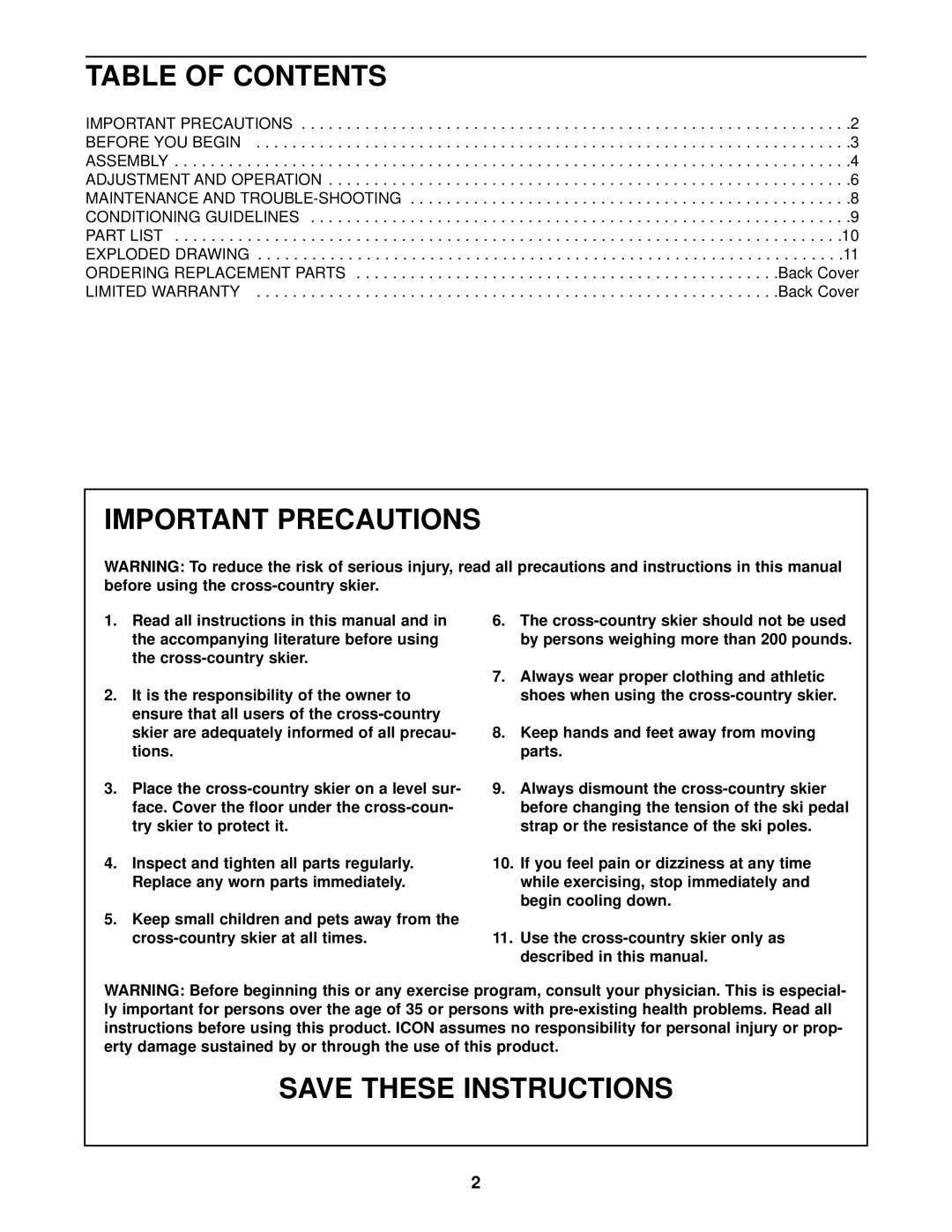 ProForm 570 XC user manual Table of Contents, Important Precautions 