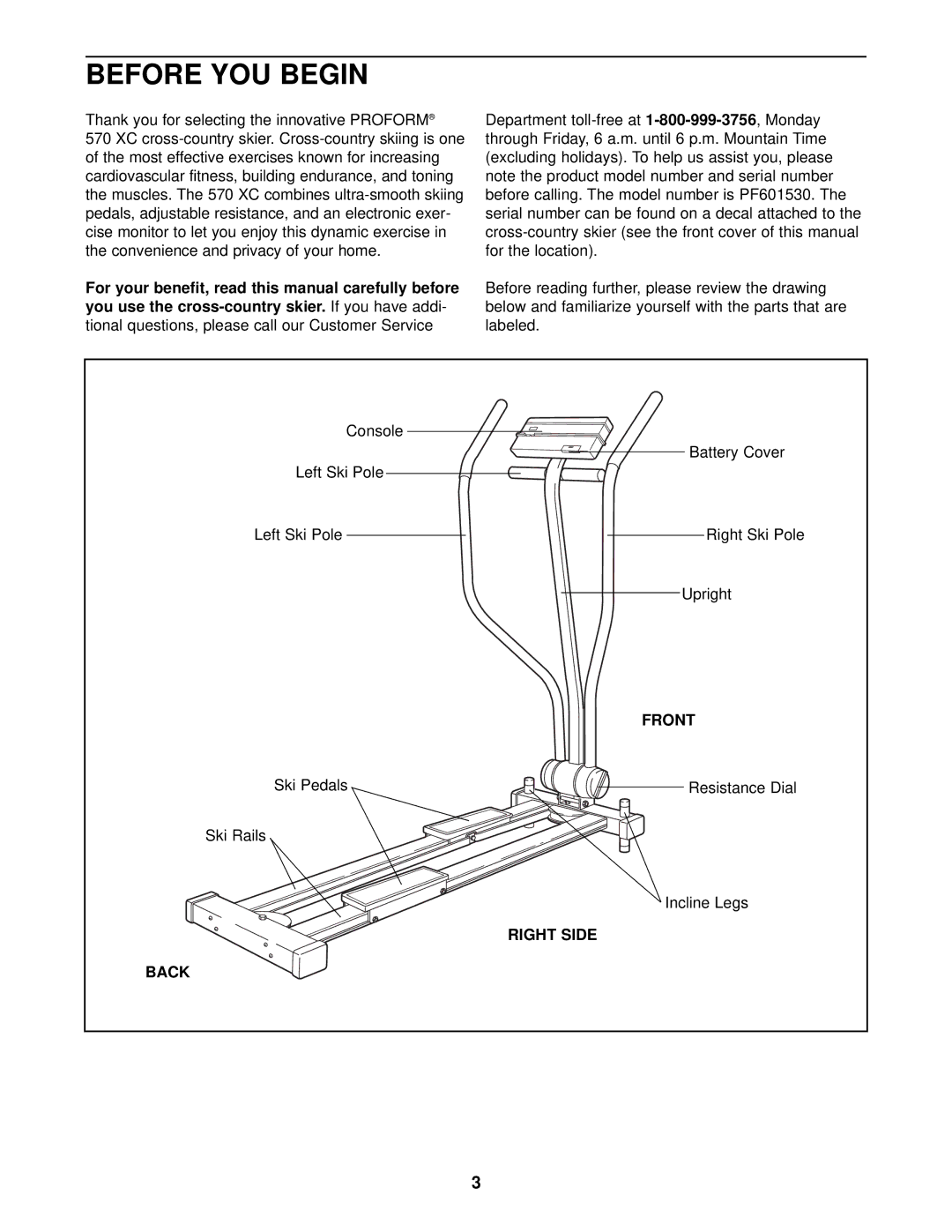 ProForm 570 XC user manual Before YOU Begin, Front, Right Side Back 