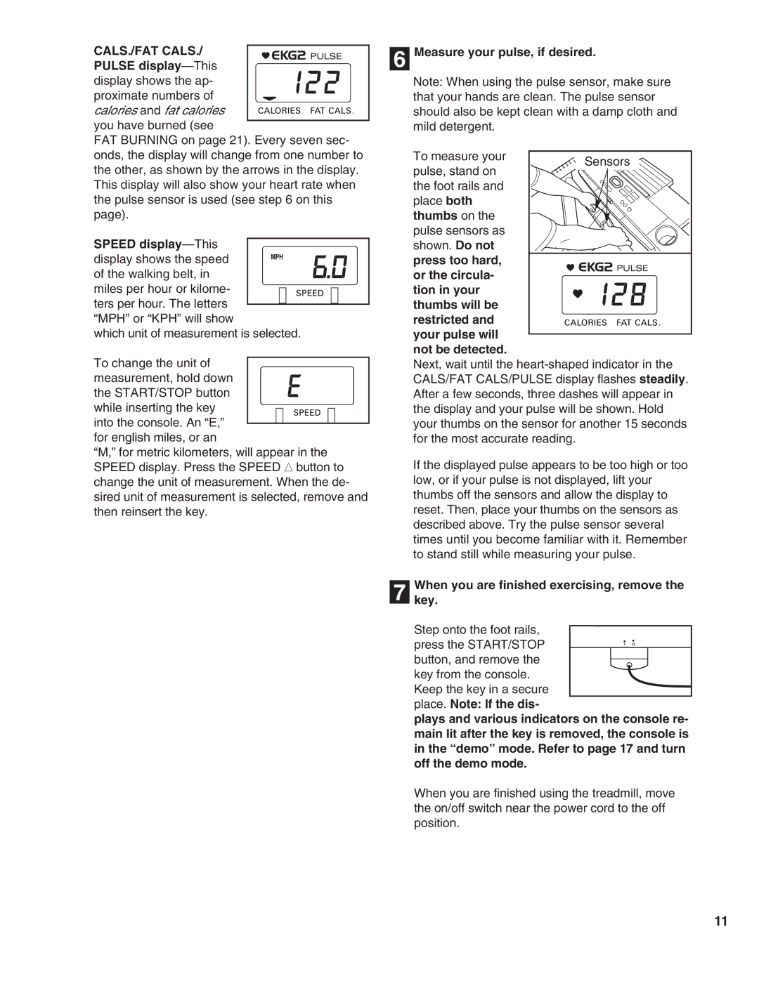 ProForm 585 PI user manual CALS./FAT CALS./ Pulse display-This, Measure your pulse, if desired, Speed display-This 