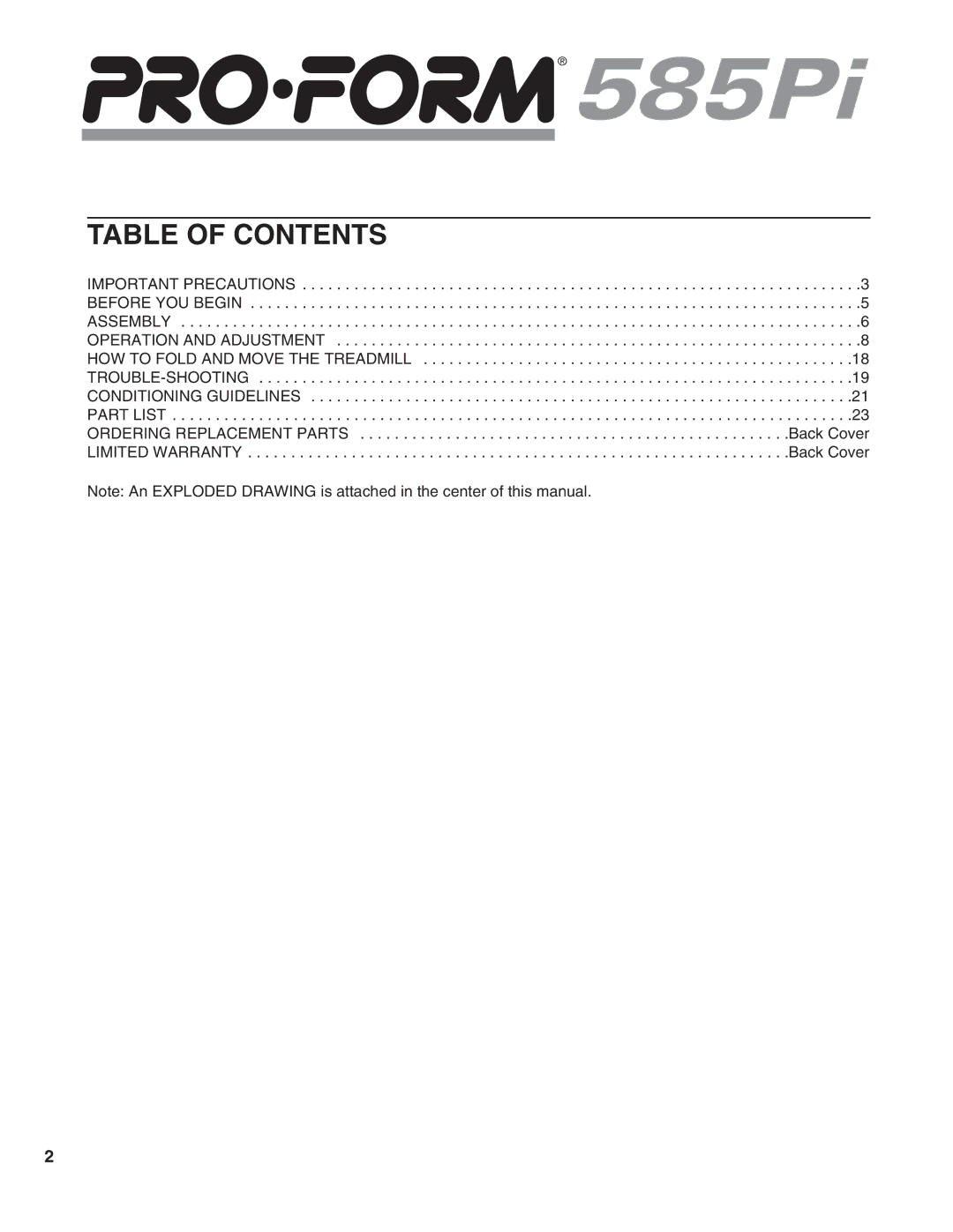 ProForm 585 PI user manual Table of Contents 