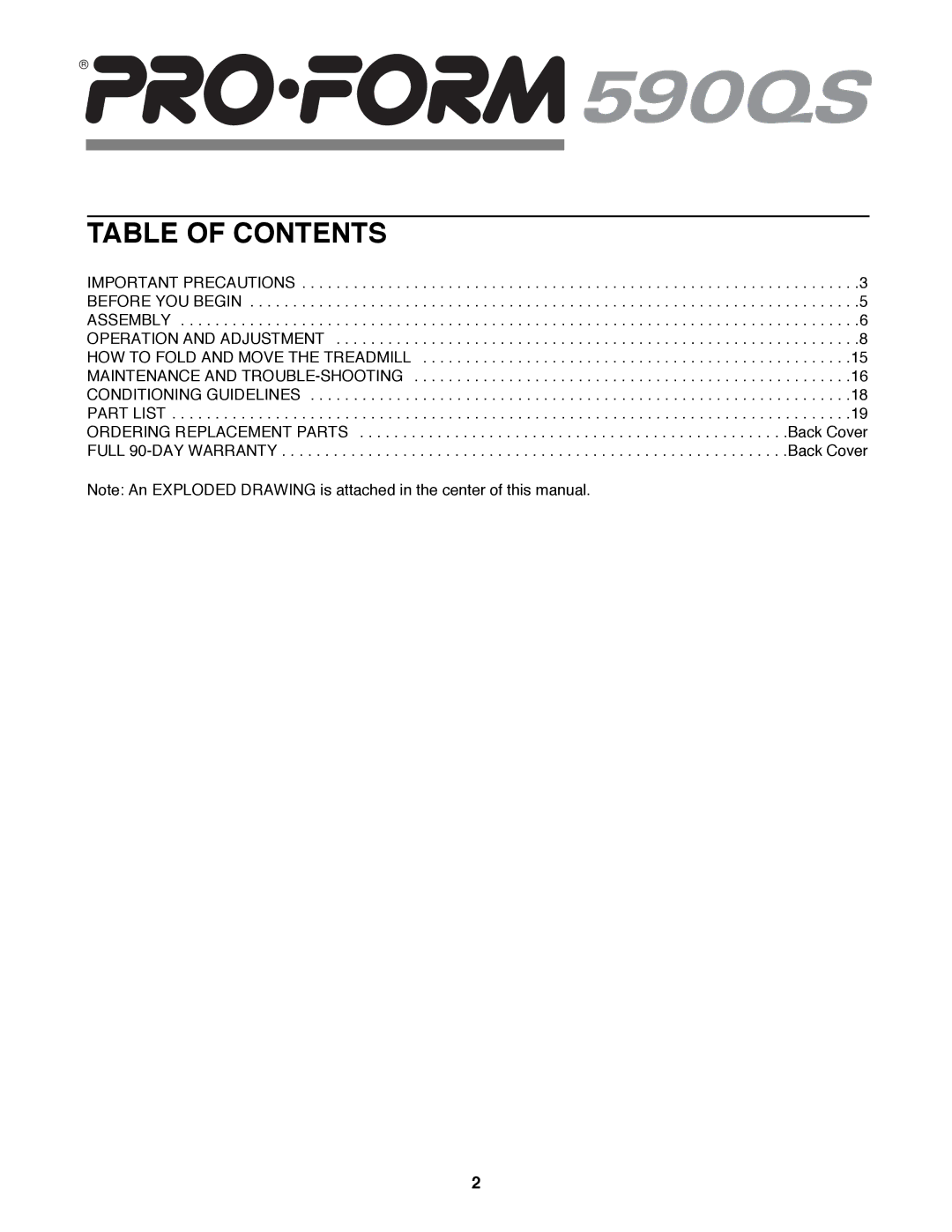 ProForm 590 QS user manual Table of Contents 