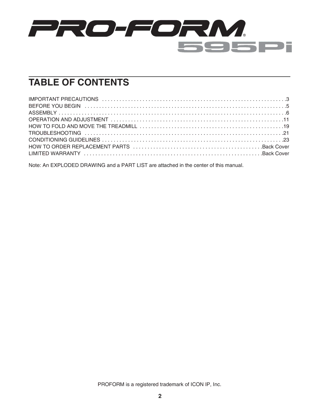 ProForm 595Pi user manual Table of Contents 