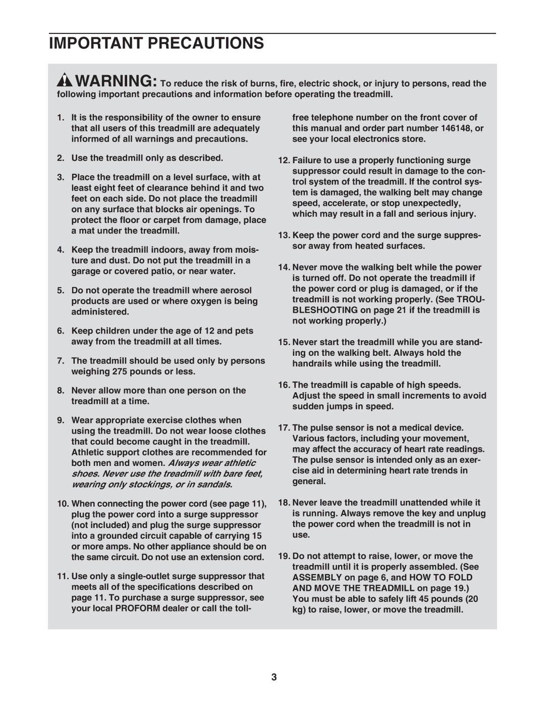 ProForm 595Pi user manual Important Precautions 