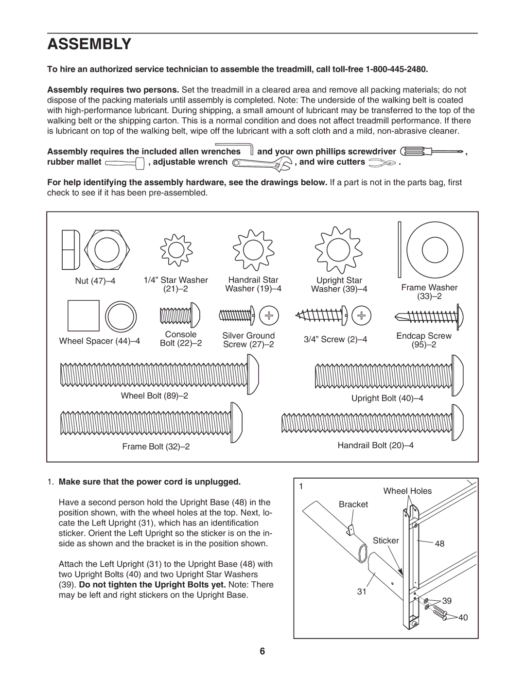 ProForm 595Pi user manual Assembly, Make sure that the power cord is unplugged 