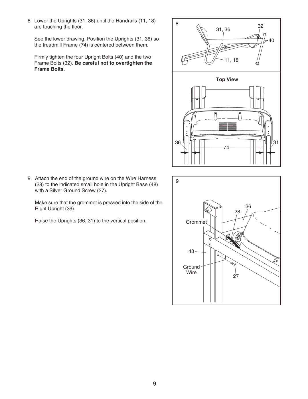 ProForm 595Pi user manual Frame Bolts, Top View 