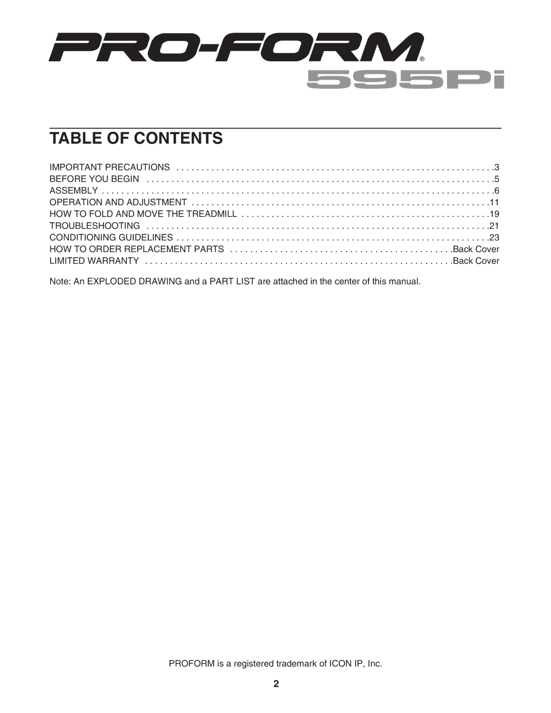 ProForm 595Pi user manual Table of Contents 