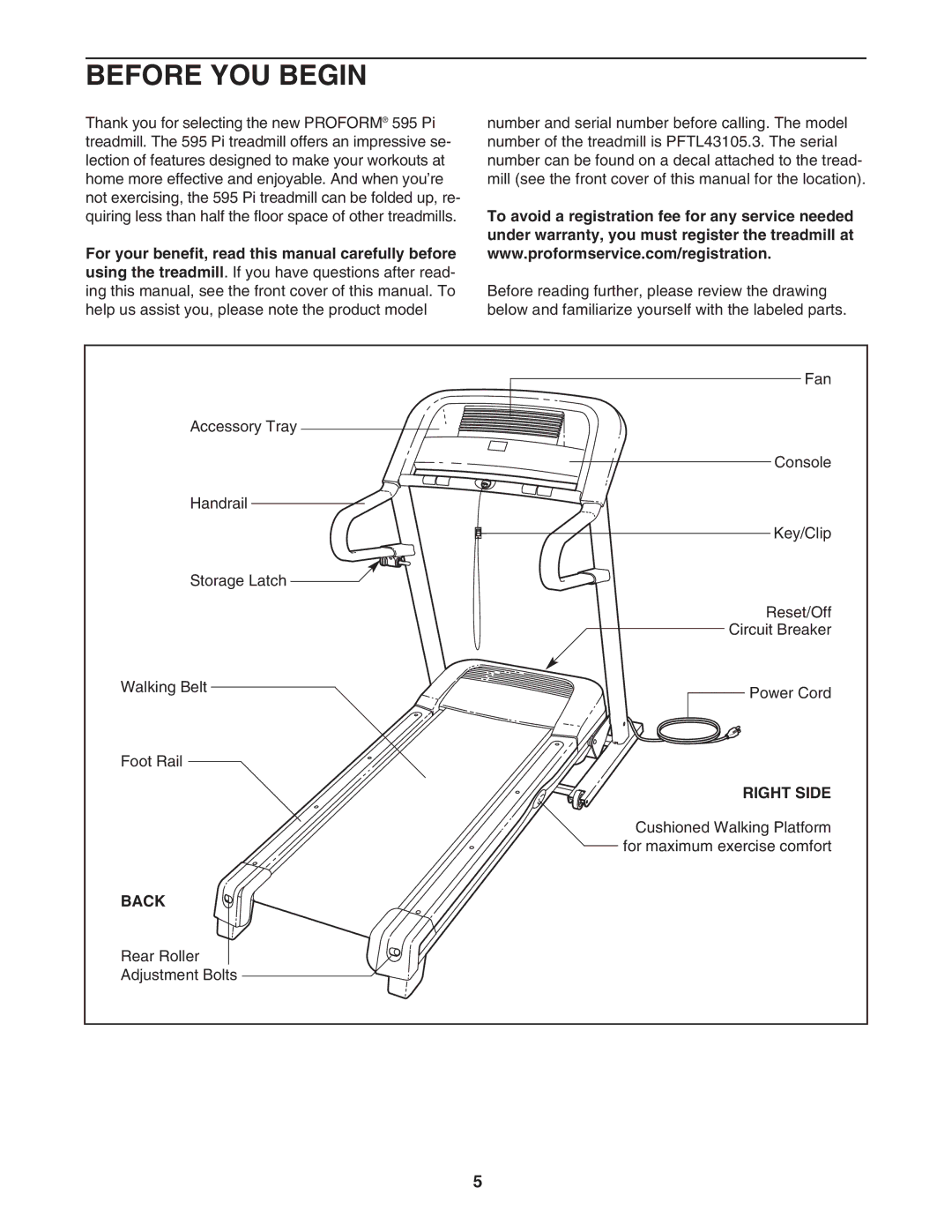 ProForm 595Pi user manual Before YOU Begin, Right Side, Back 