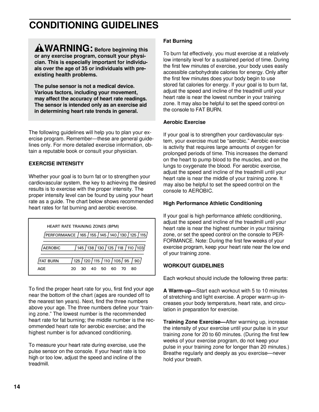 ProForm 625 EX user manual Conditioning Guidelines, Exercise Intensity, Workout Guidelines 