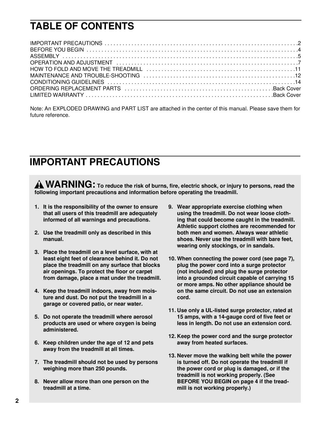 ProForm 625 EX user manual Table of Contents, Important Precautions 