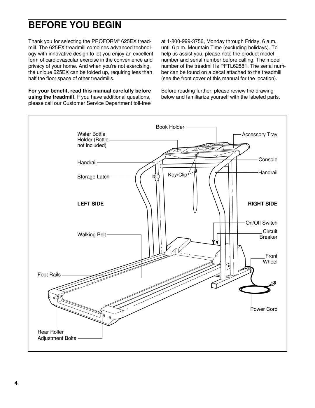 ProForm 625 EX user manual Before YOU Begin, Left Side Right Side 