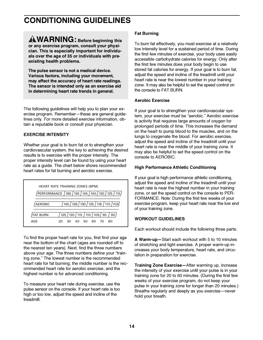 ProForm 625EX user manual Conditioning Guidelines, Exercise Intensity, Workout Guidelines 