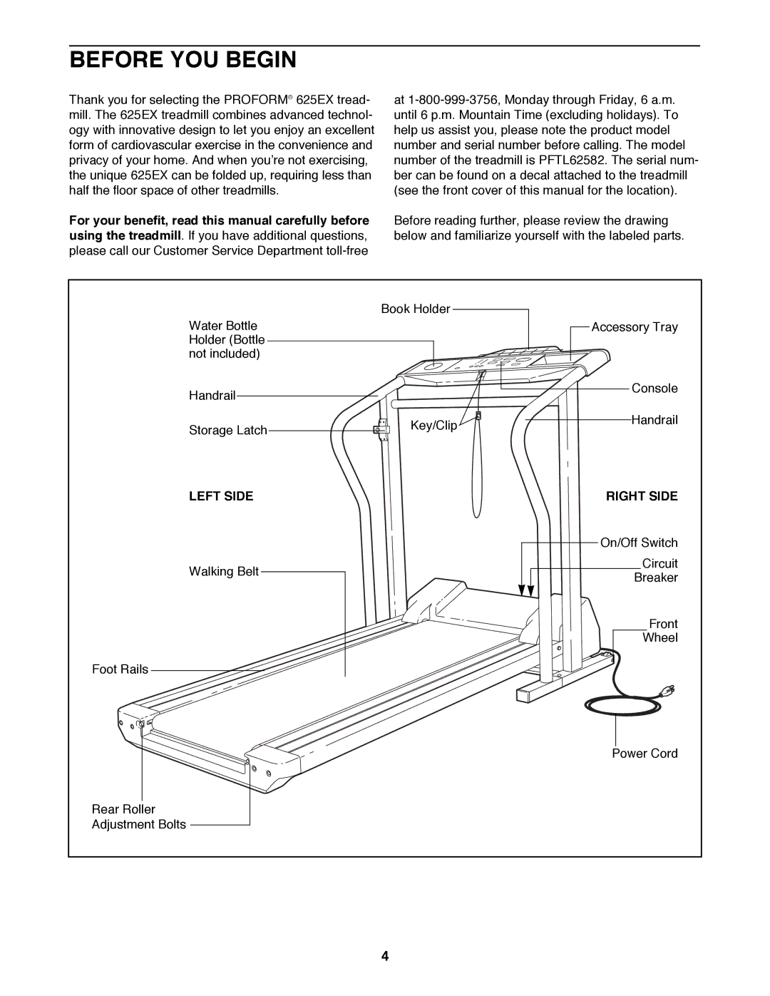 ProForm 625EX user manual Before YOU Begin, Left Side Right Side 