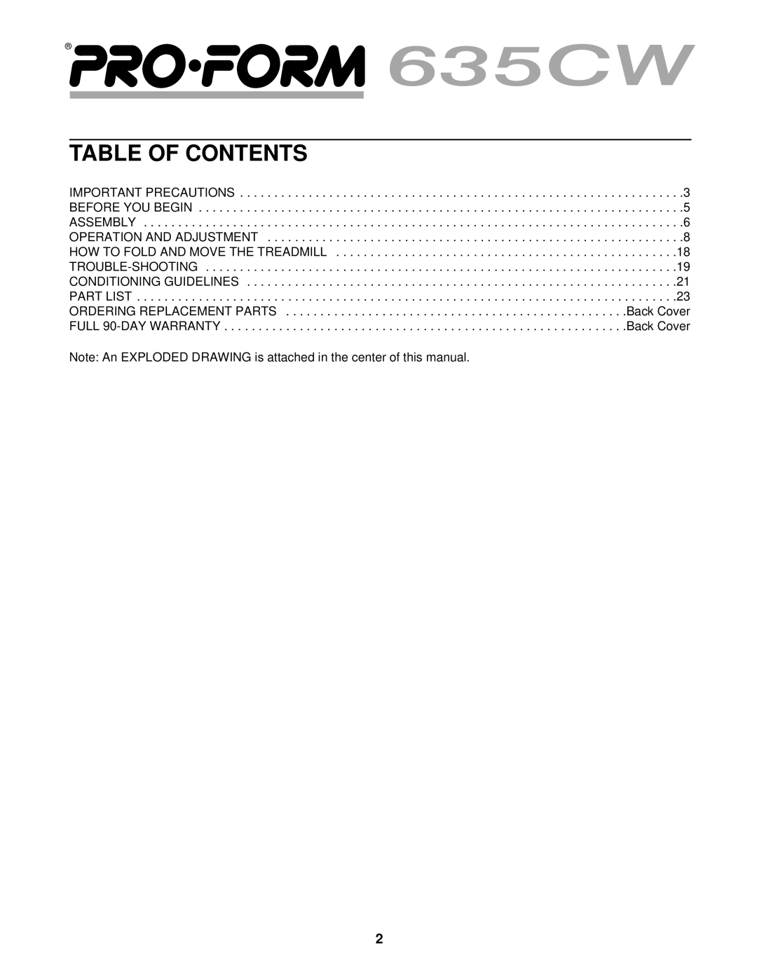 ProForm 635CW user manual Table of Contents 