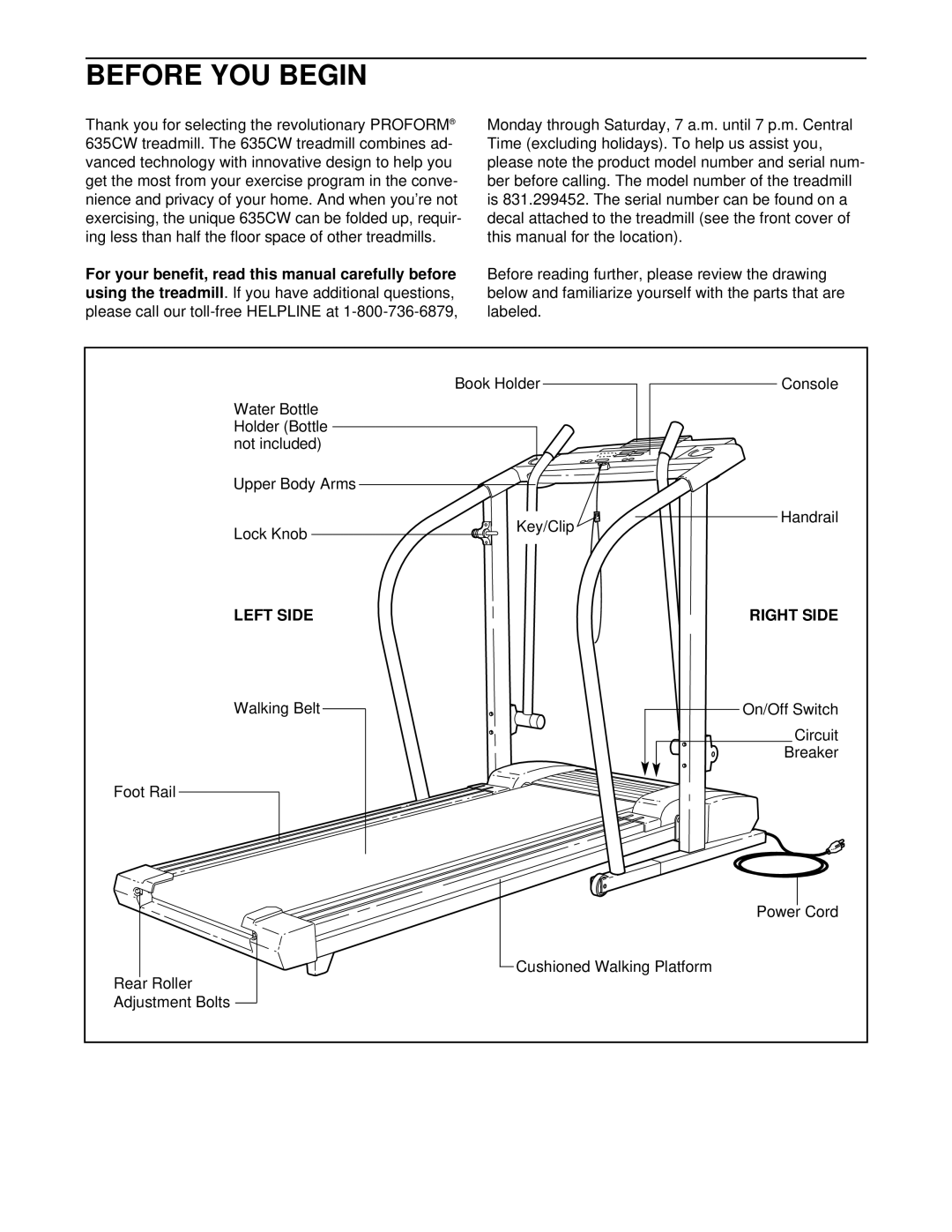 ProForm 635CW user manual Before YOU Begin, Left Side Right Side 