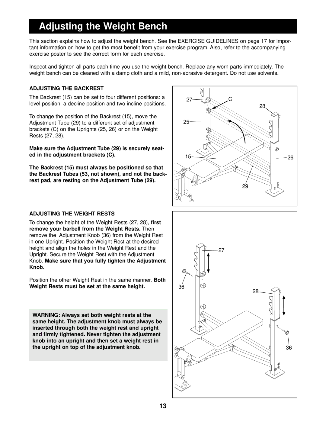 ProForm 640 user manual Adjusting the Weight Bench, Adjusting the Backrest, Adjusting the Weight Rests, Knob 