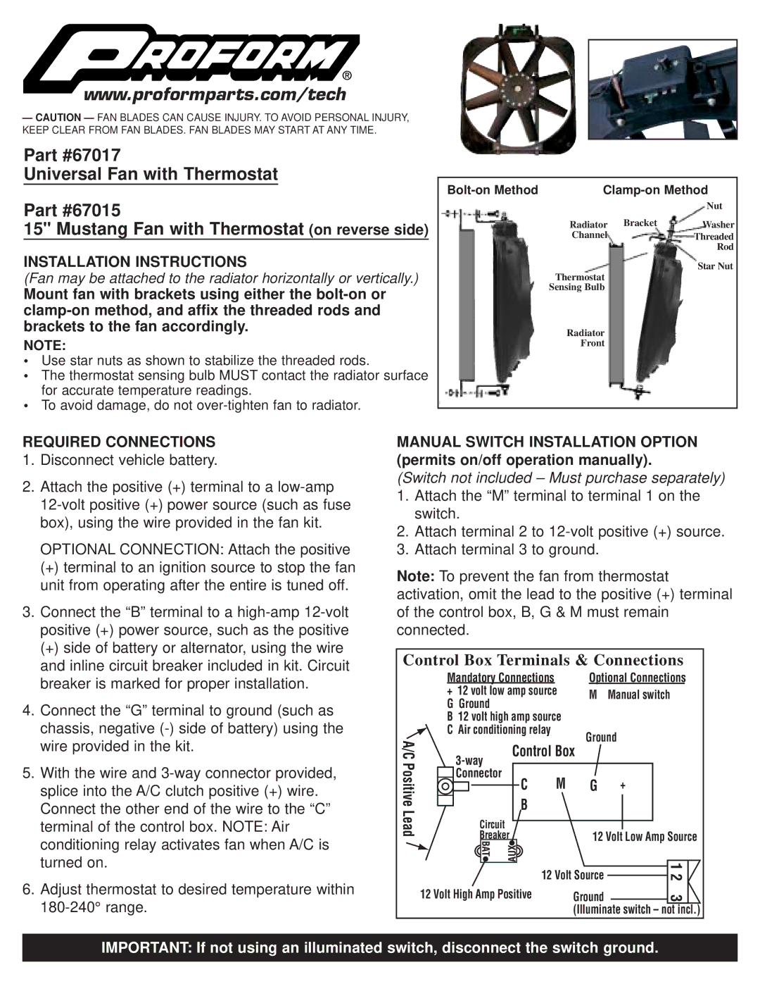 ProForm 67015 manual Control Box Terminals & Connections, Installation Instructions, Required Connections 