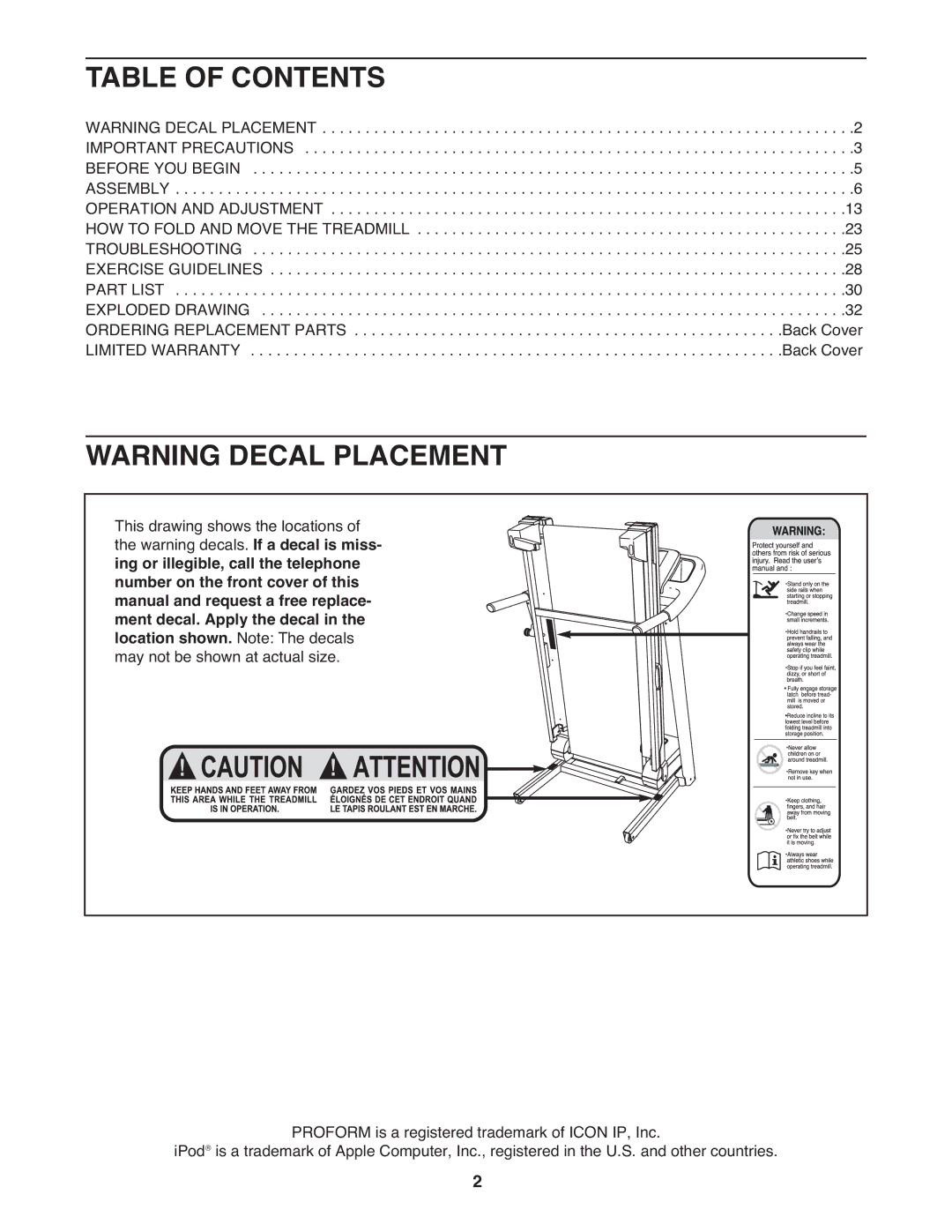 ProForm 7 manual Table of Contents 