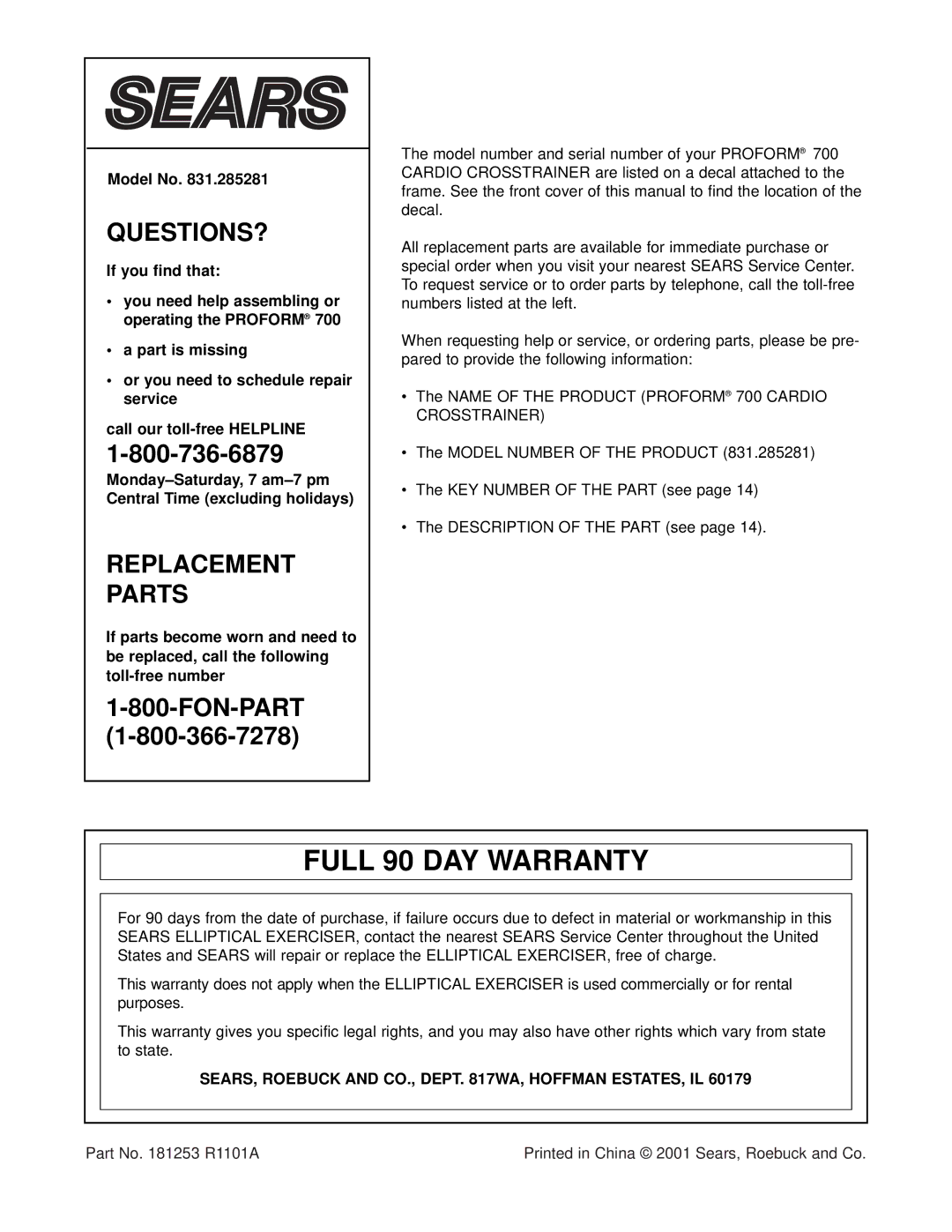 ProForm 700 user manual Full 90 DAY Warranty, Model No, SEARS, Roebuck and CO., Dept WA, Hoffman ESTATES, IL 