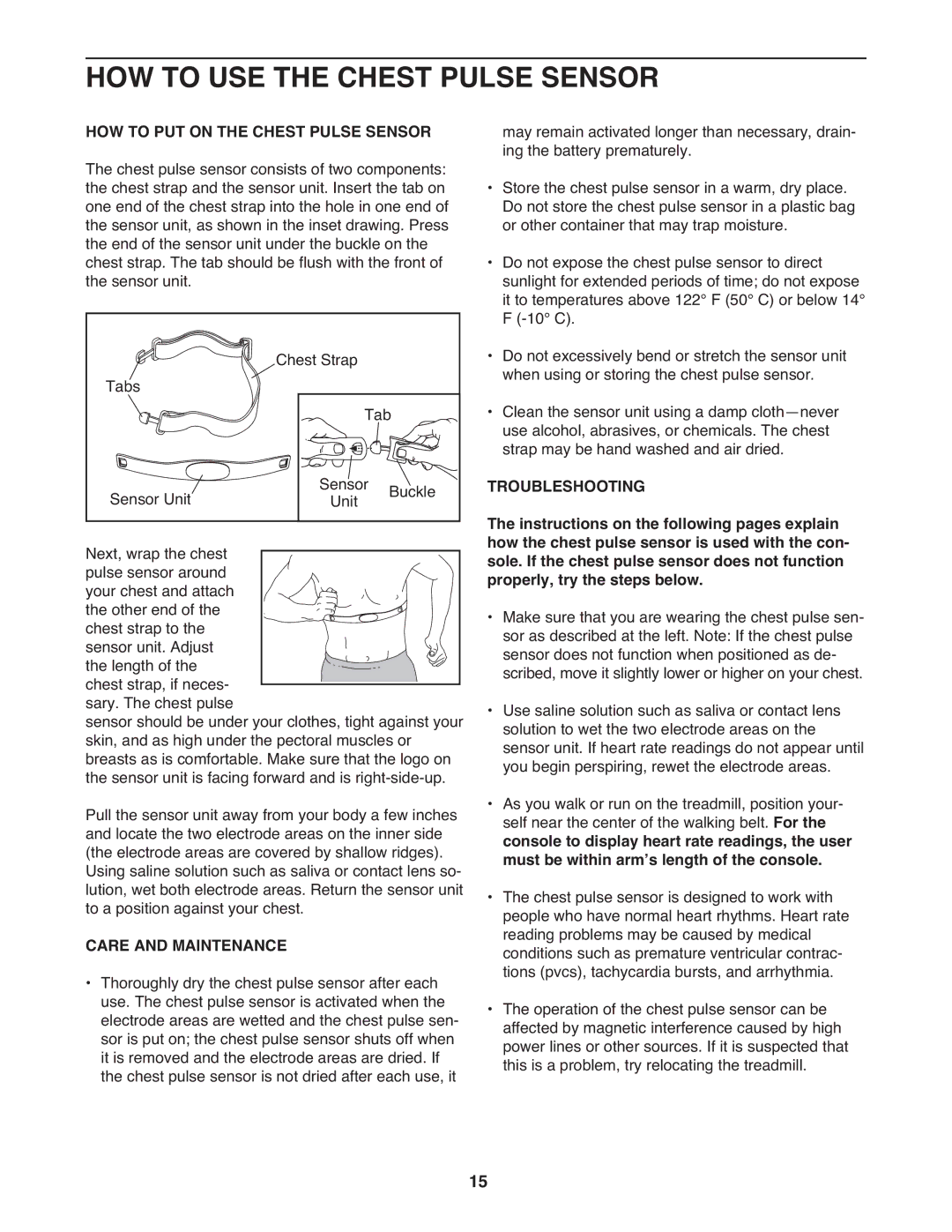 ProForm 705 ZLT manual HOW to USE the Chest Pulse Sensor, HOW to PUT on the Chest Pulse Sensor, Care and Maintenance 