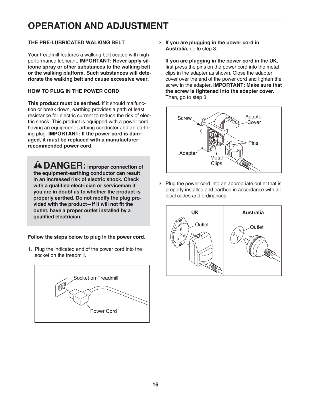 ProForm 705 ZLT Operation and Adjustment, PRE-LUBRICATED Walking Belt, HOW to Plug in the Power Cord, Australia, Outlet 