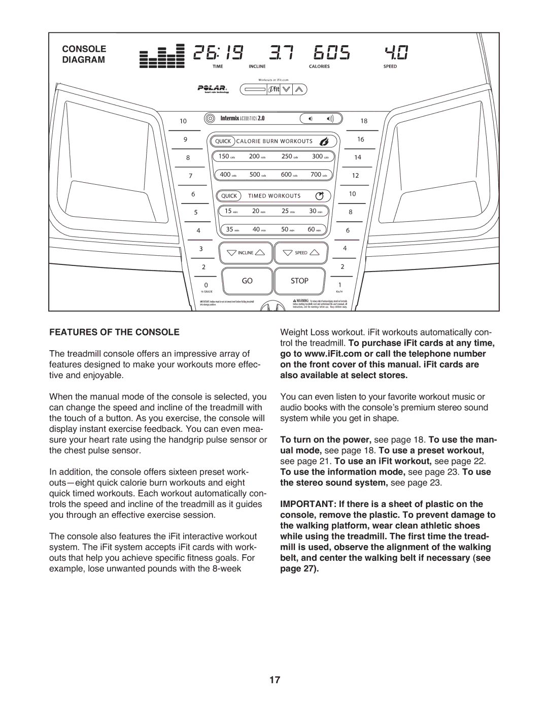 ProForm 705 ZLT manual Diagram, Features of the Console 