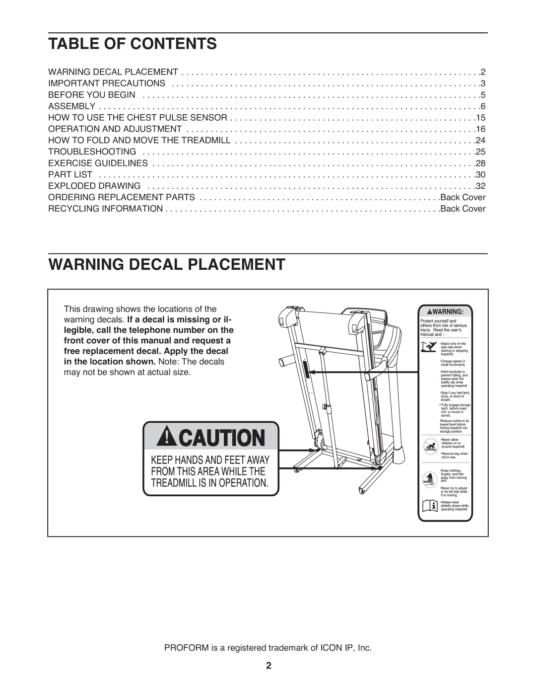 ProForm 705 ZLT manual Table of Contents 