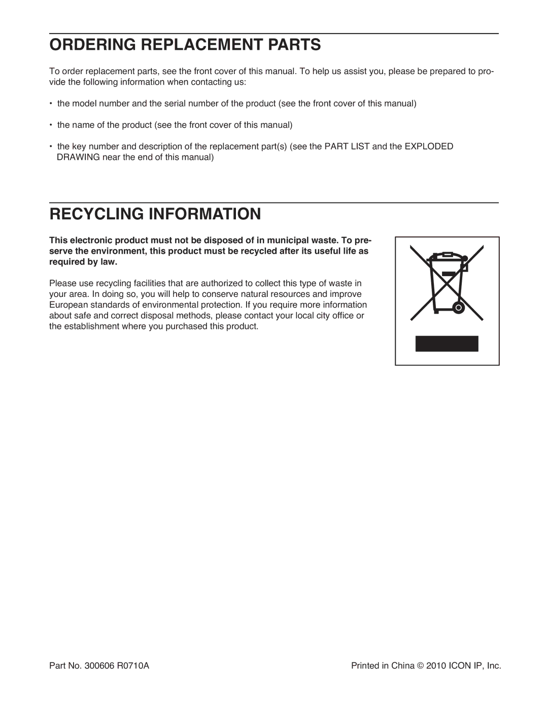 ProForm 705 ZLT manual Ordering Replacement Parts, Recycling Information 