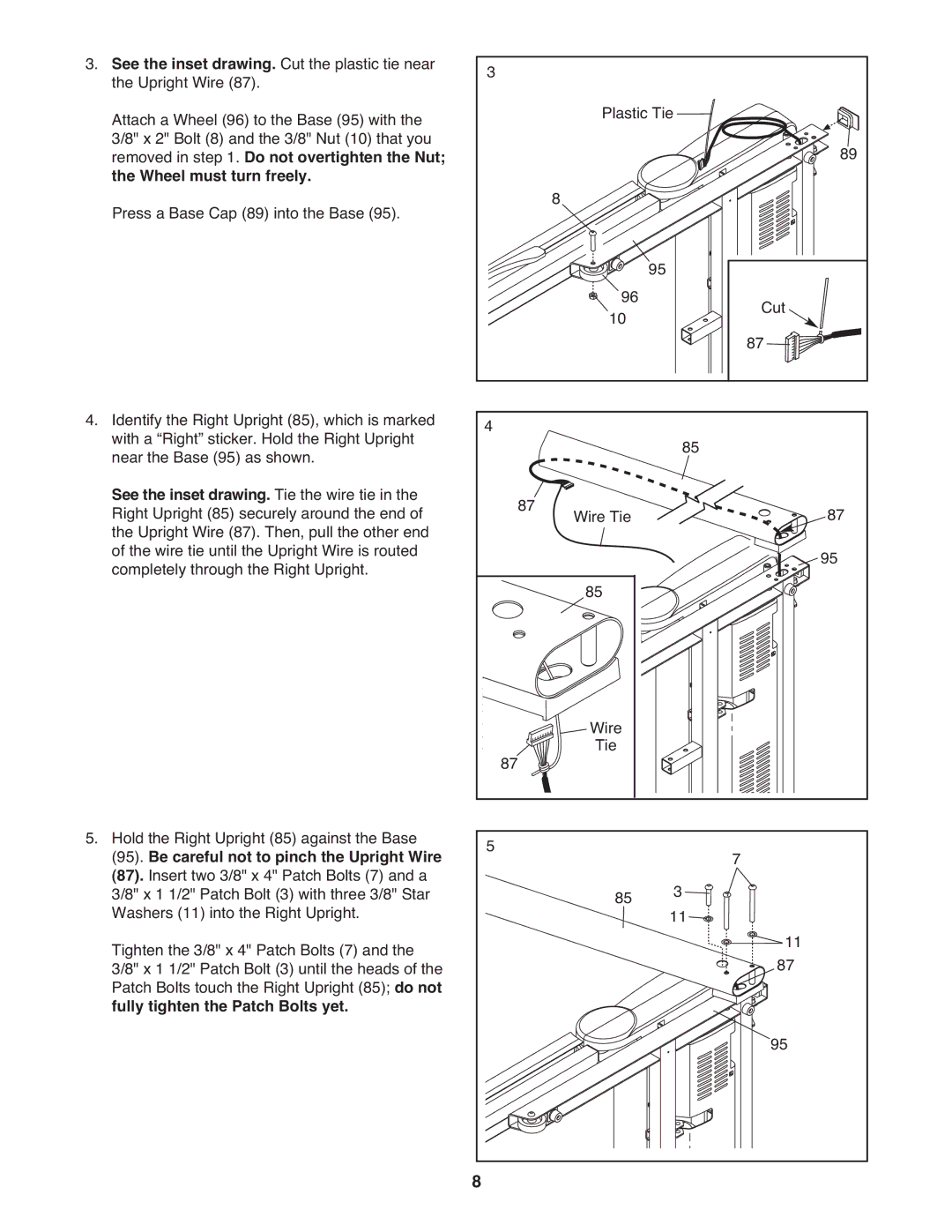 ProForm 705 ZLT manual See the inset drawing. Tie the wire tie, Be careful not to pinch the Upright Wire 