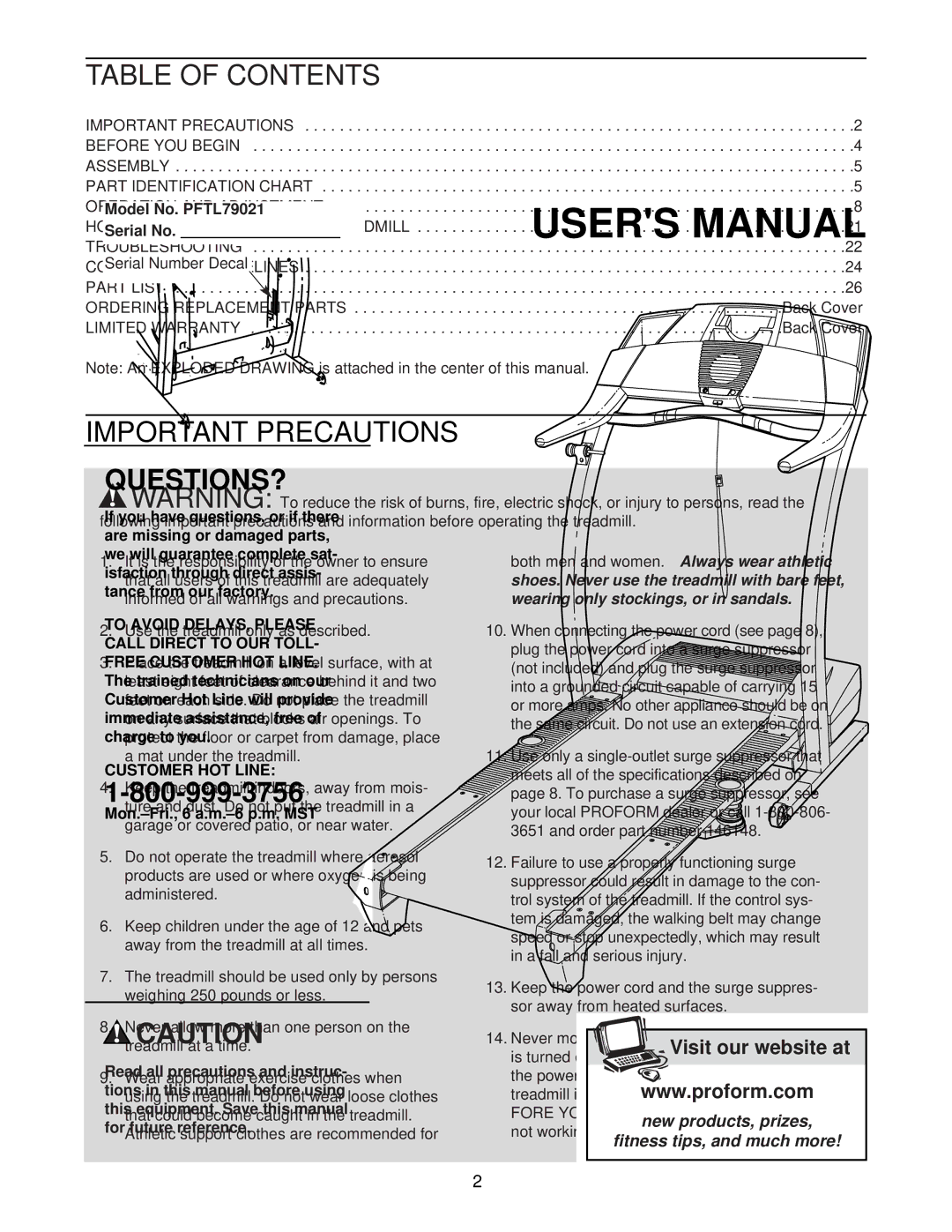 ProForm 720 user manual Table of Contents, Important Precautions 