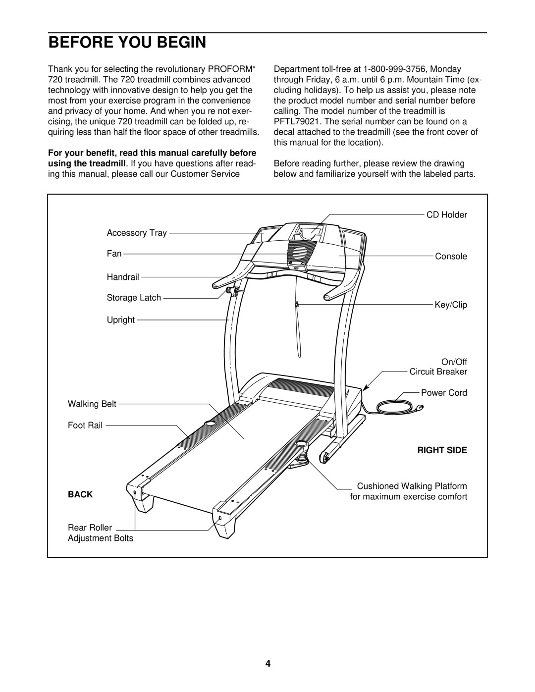 ProForm 720 user manual Before YOU Begin, Right Side, Back 