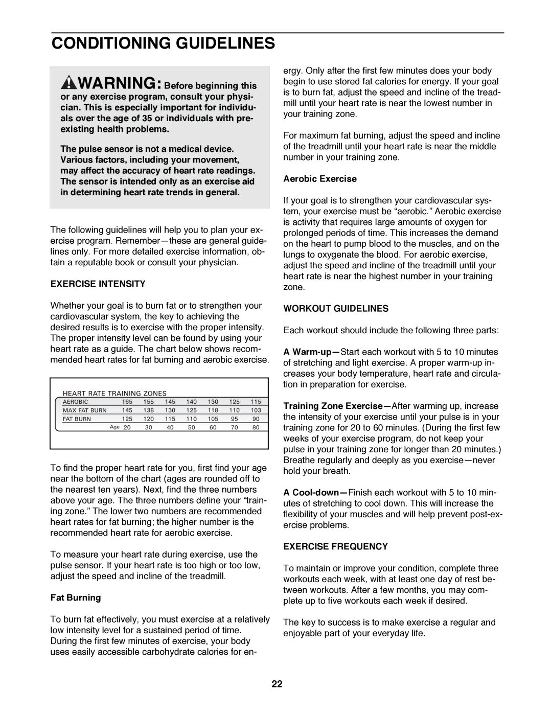 ProForm 740CS user manual Conditioning Guidelines, Exercise Intensity, Workout Guidelines, Exercise Frequency 