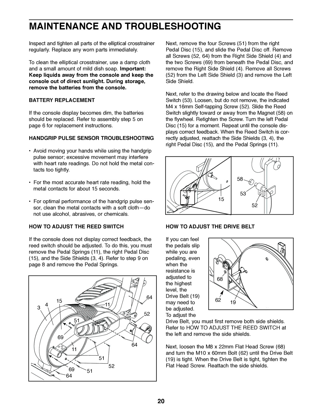 ProForm 750 user manual Maintenance and Troubleshooting, Battery Replacement, Handgrip Pulse Sensor Troubleshooting 