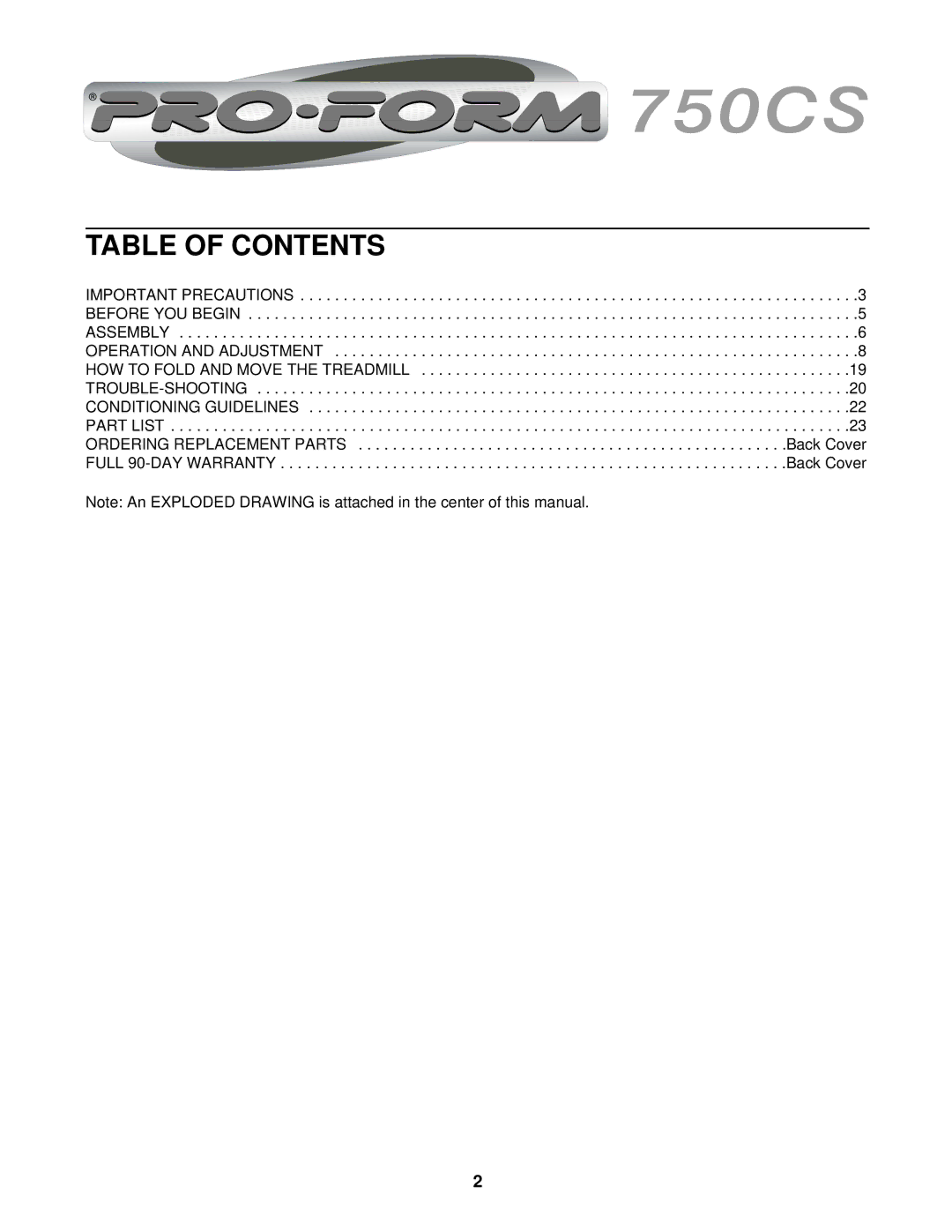 ProForm 750CS, 831.299561 user manual Table of Contents 