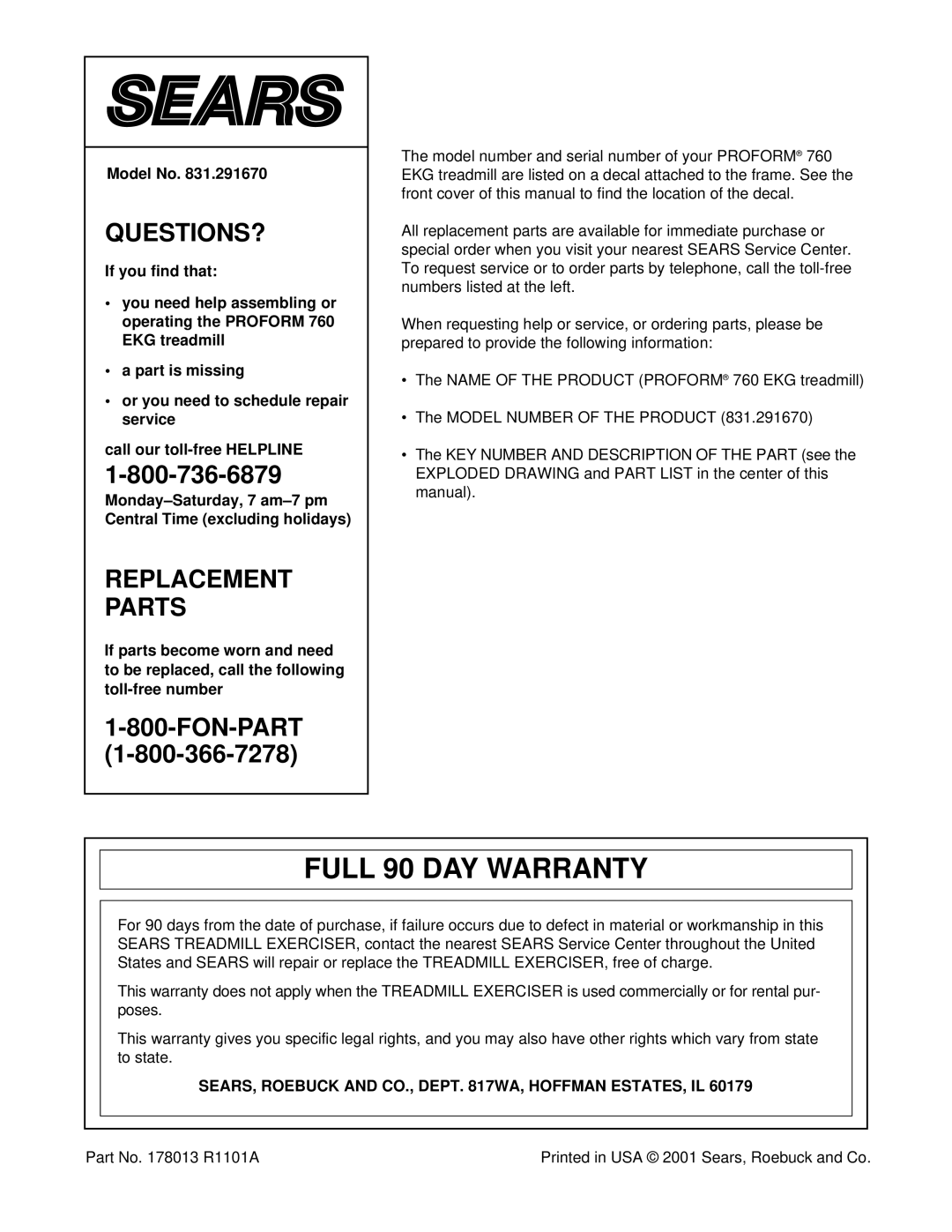 ProForm 760 EKG user manual Full 90 DAY Warranty, Model No, SEARS, Roebuck and CO., Dept WA, Hoffman ESTATES, IL 