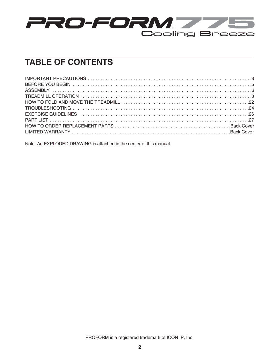 ProForm 775 user manual Table of Contents 