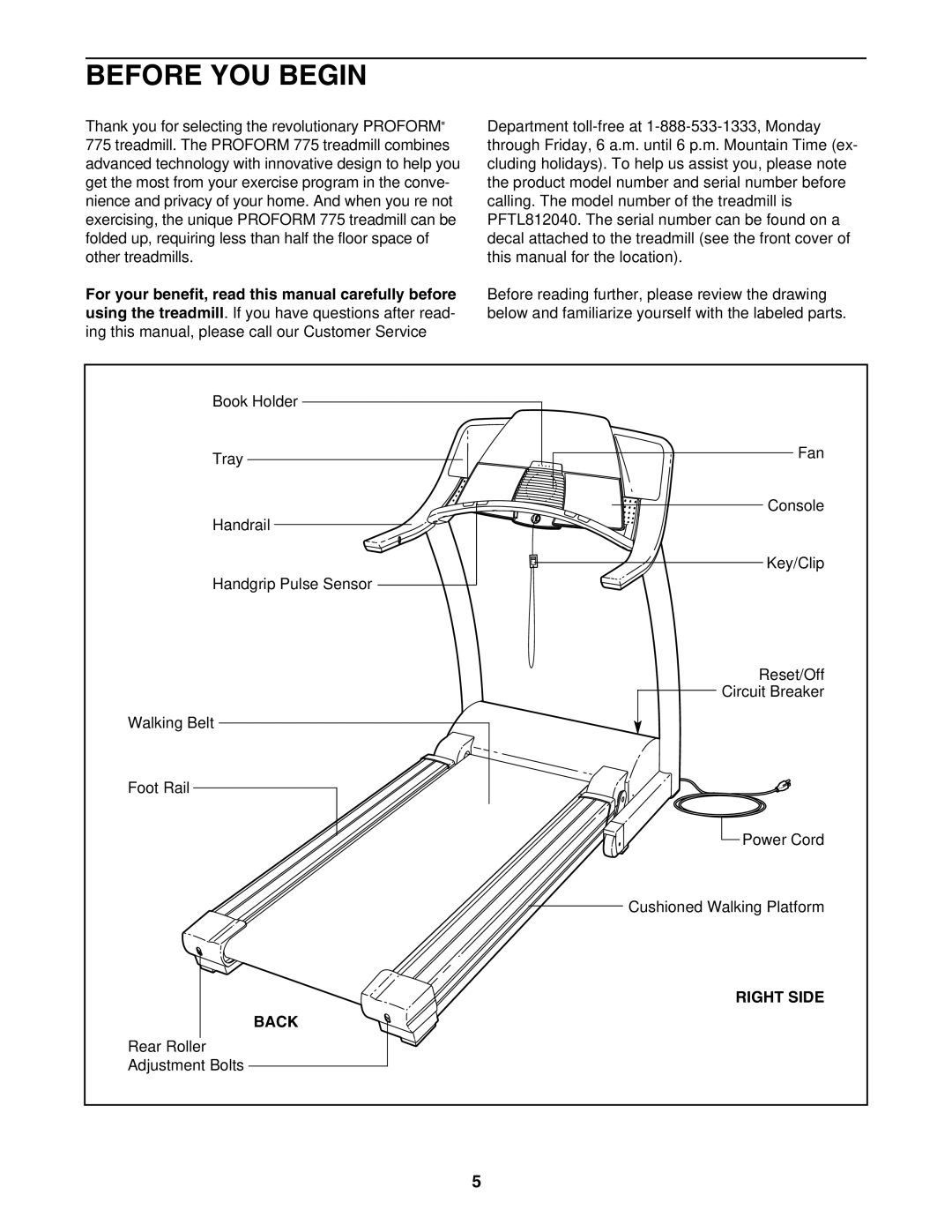 ProForm 775 user manual Before YOU Begin, Right Side, Back 