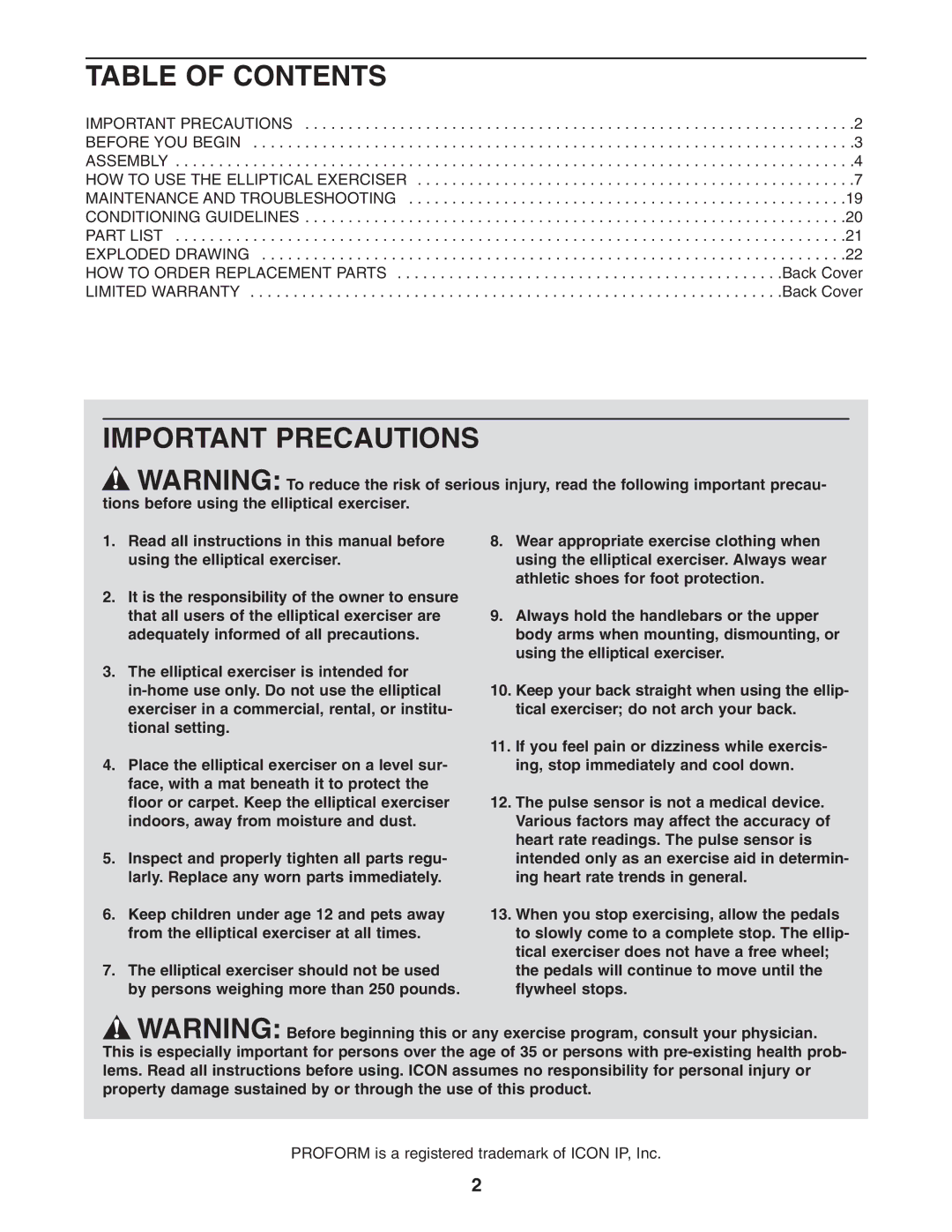 ProForm 785 S user manual Table of Contents, Important Precautions 