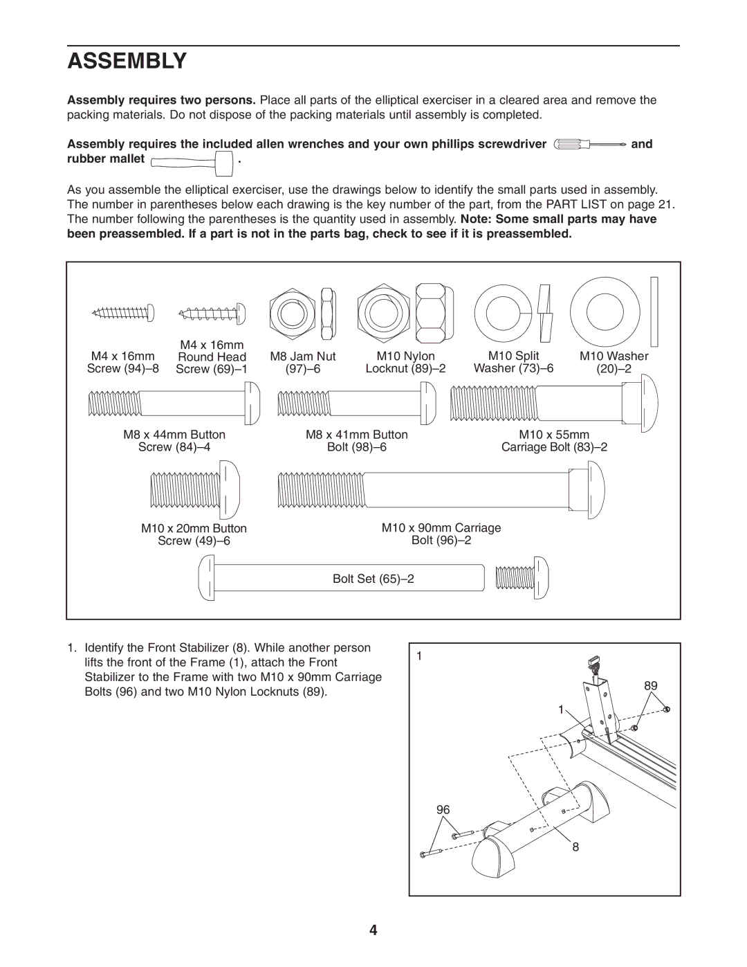 ProForm 785 S user manual Assembly 